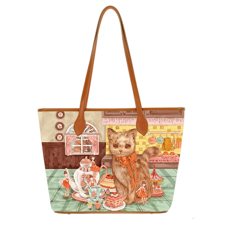 

Women Bags Leather Print Purse Shoulder Bags Girl Handbags Female Totes Braccialini Style Handmade Cartoon Cat Doodle Girls Room