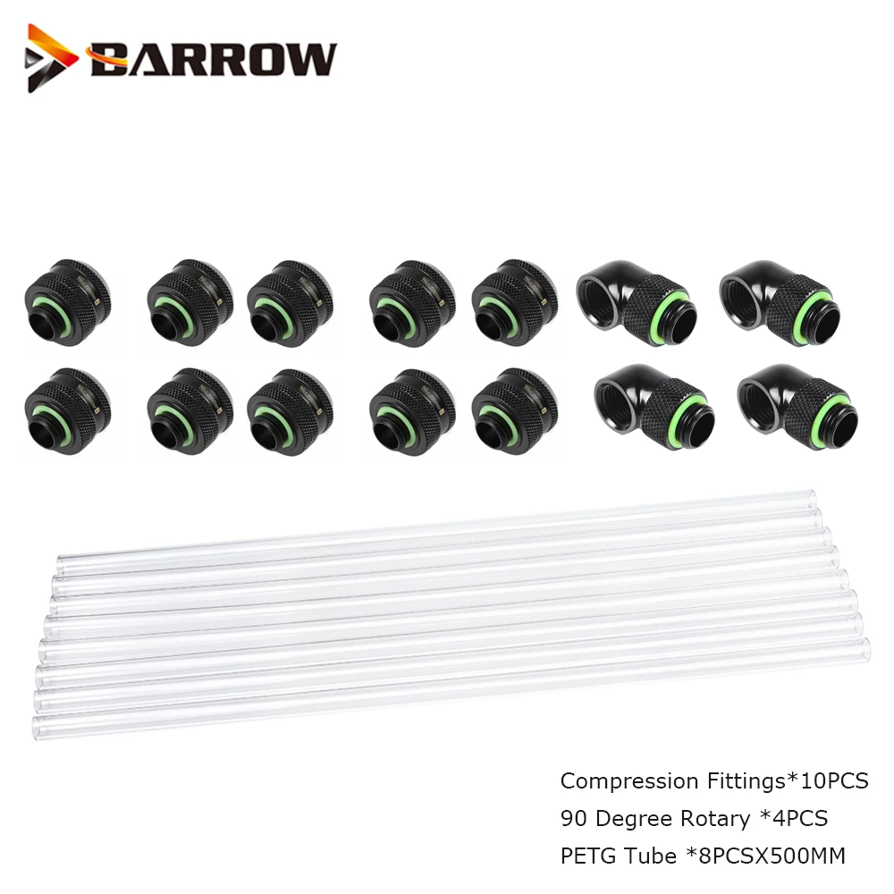 Barrow Computer Water Cooling Build PETG Hard Tube With Fittings ,Liquid Loop Kit Connector,8pcs x500mm Tube,10X14MM,12X16MM