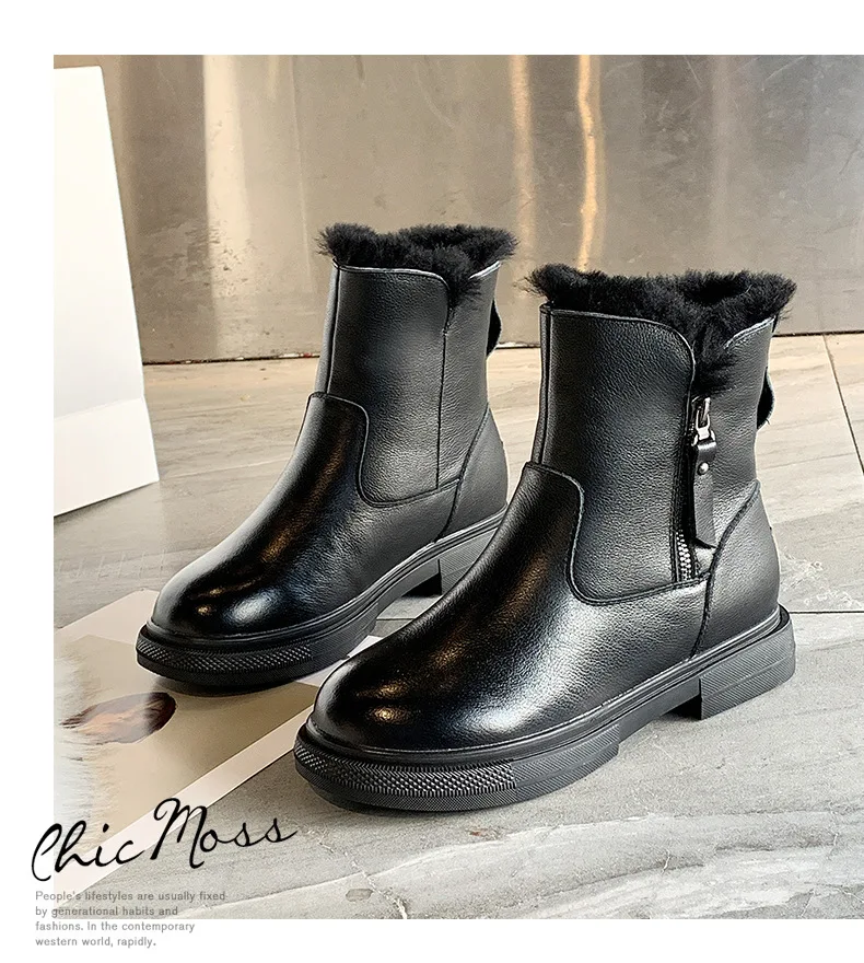 Zapatos de mujer; Новинка года; зимние кожаные женские хлопковые ботинки; шерстяные пинетки с боковой молнией; кожаные женские ботинки