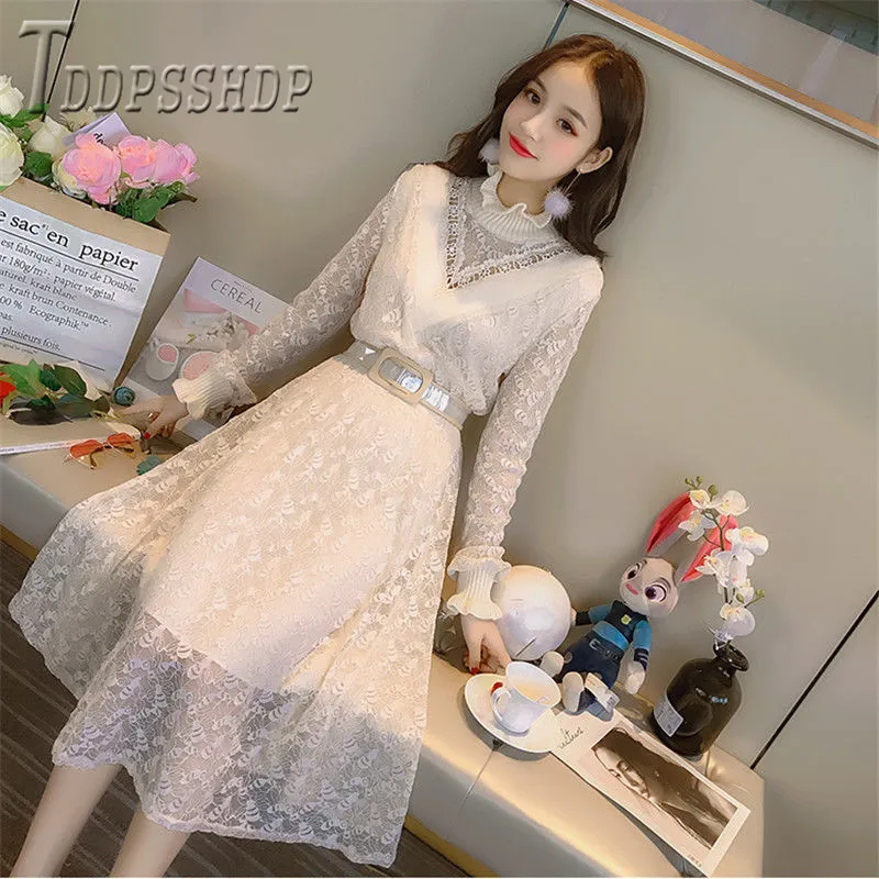 

2019 Lining With Fluff Women Dress Autumn Winter Lace Elegant Female Bottoming Dresses