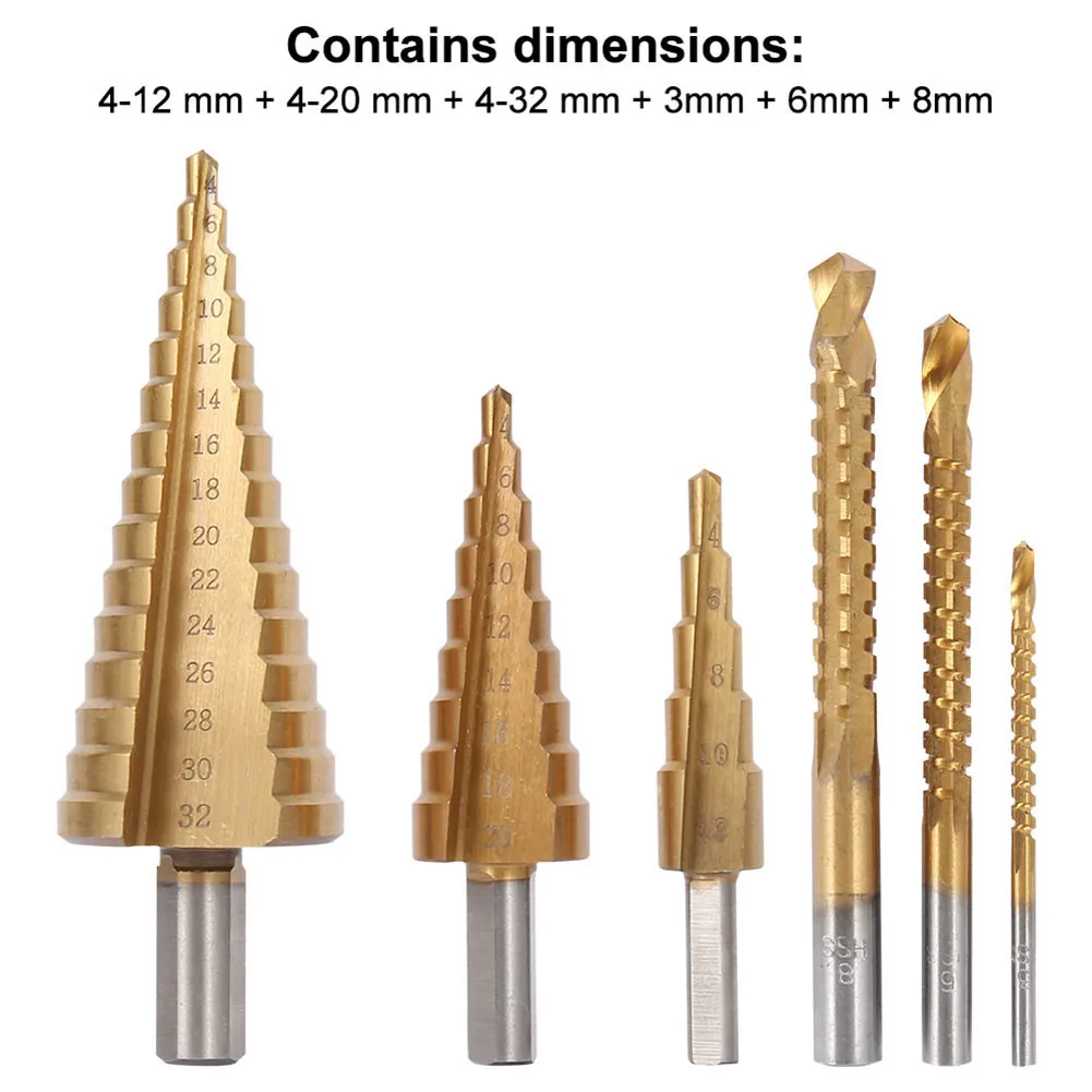 

6pc Hss Step Spiral Groove Conical Cone And Milling Drill Bit Set 4-30mm Cutting Tools Woodworking Metal Drilling Hole Drill Bit