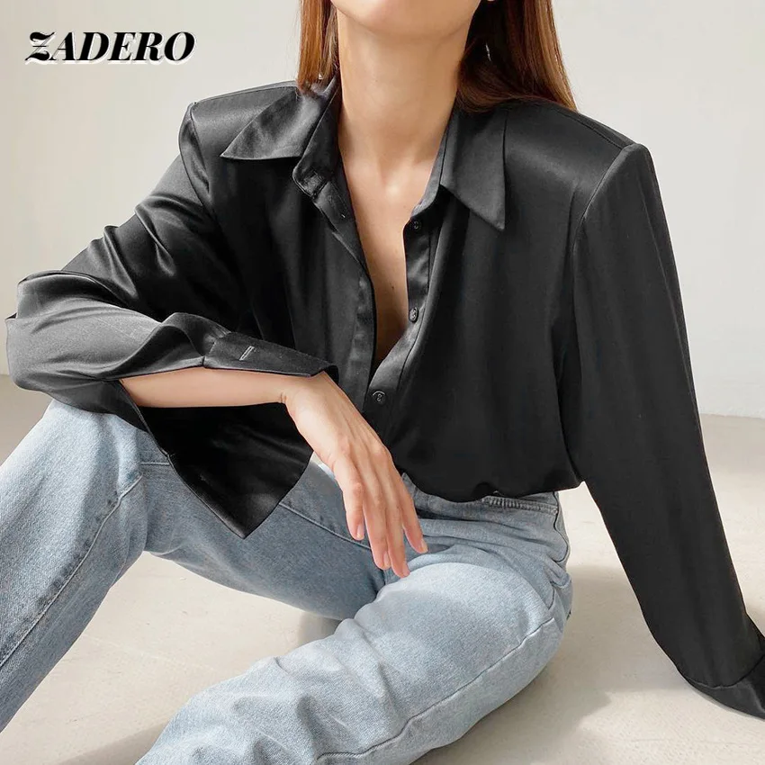 Женская атласная блузка элегантная рубашка с отложным воротником и длинным