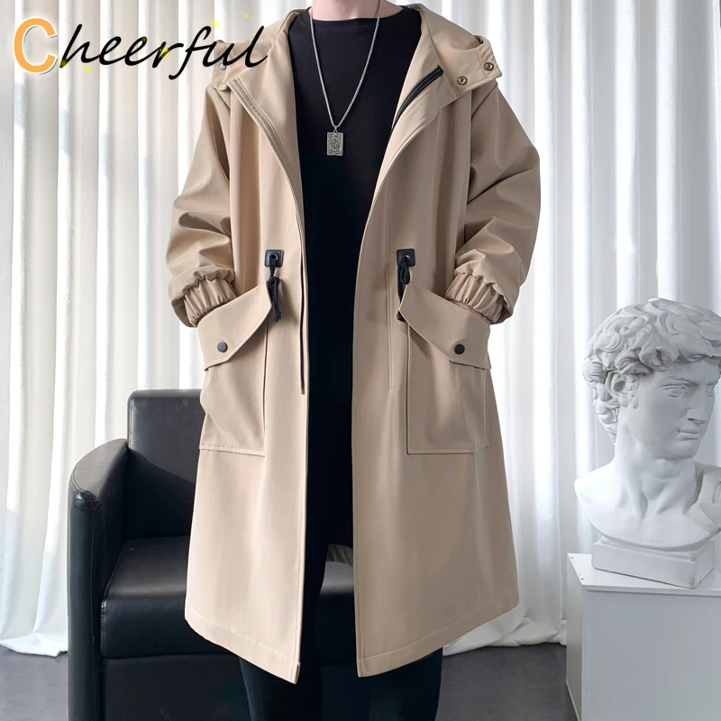 

Тренчкот мужской, новое модное пальто, мужская повседневная приталенная ветровка, однотонное длинное пальто, мужской осенний черный/хаки/а...