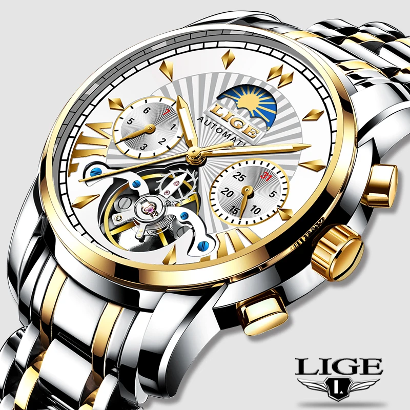 

2020 LIGE Mens Watches Top Luxury Brand Fashion Tourbillon Automatic Mechanical Watch Men Waterproof Skeleton Clock Montre Homme