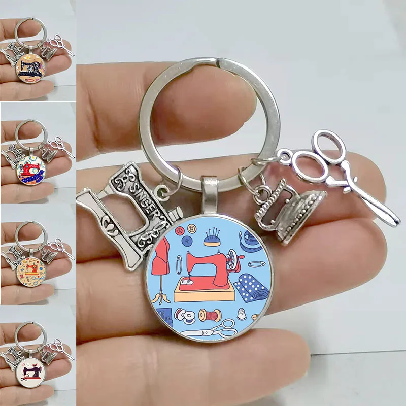 

2022 New Fashion Sewing Machine Metal Scissors Ruler Tailor Keychain Diy Handmade Sewing Machine Round Glass Keychain Designer G