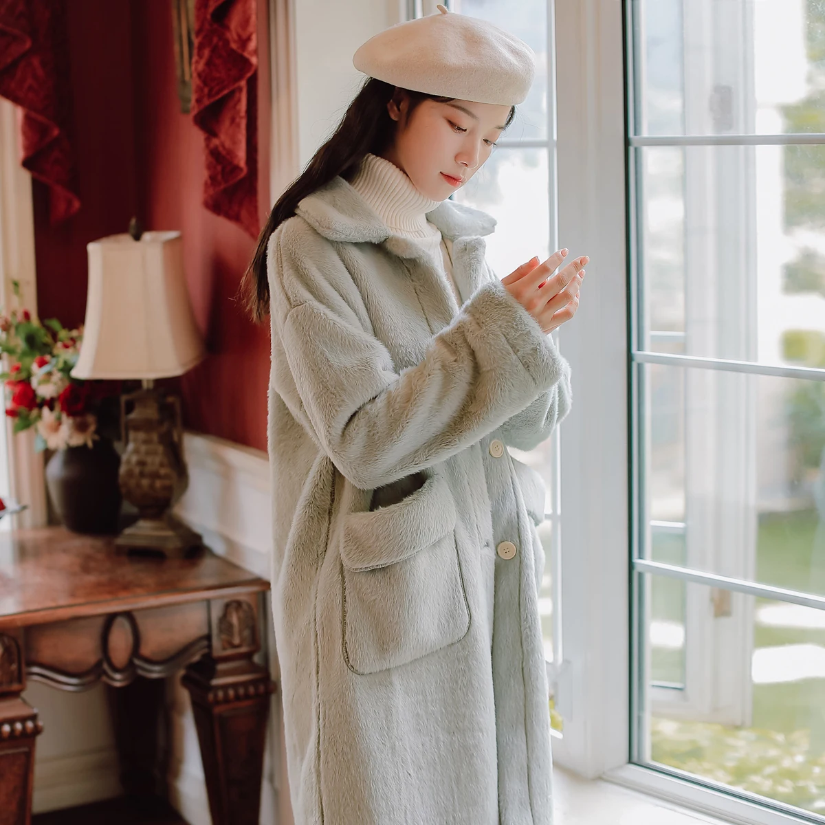 Осень 2022 длинное Свободное пальто из меха норки с отложным воротником и длинным