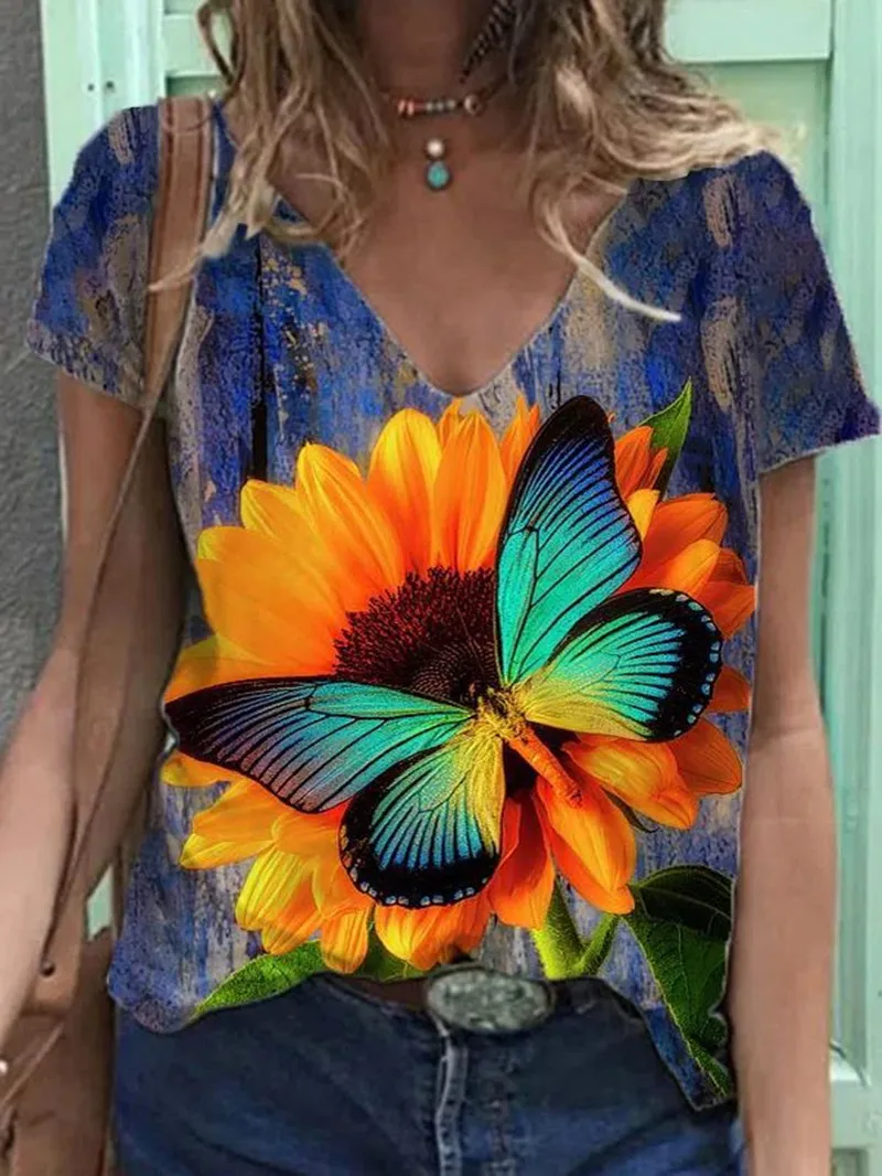

Loose Large Size Fasion Dress Hot Selling 2021 Women's T-Shirt New Summer Short Sleeve Butterfly Flower Tops