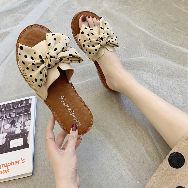 

2021 Autumn new bowknot flip flop flat bottom soft antiskid women's slippers 680