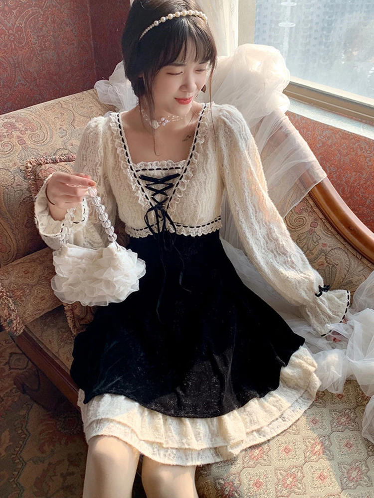 

French Retro Mini Dress Women Black Velvet Lace Splicing Party Short Dress Lolita Kawaii Clothing Elegant One Piece Dress Korean