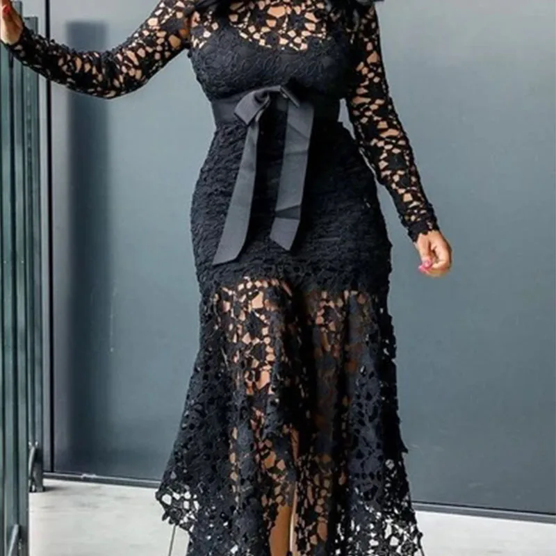 Кружевное платье, длинное винтажное платье для вечеринки, сексуальное черное платье, большие размеры, большие S-5XL, женское Сетчатое платье с дырочками, платье макси в африканском стиле для девушек