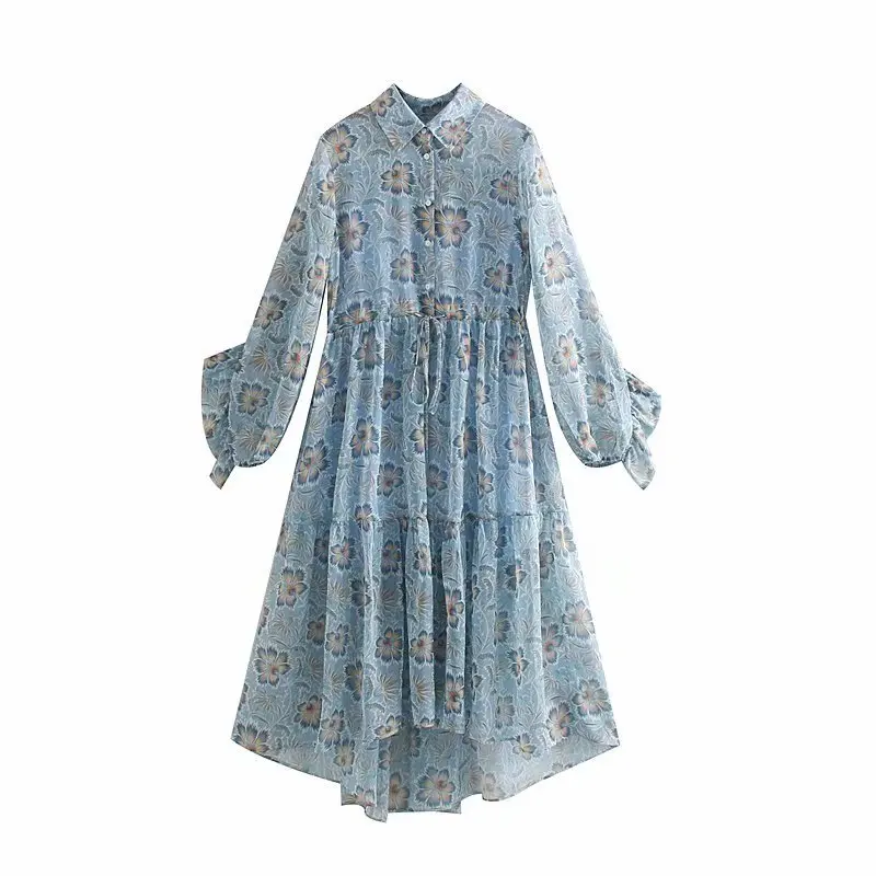 Женское платье с длинным рукавом TEELYNN винтажное синее шифоновое цветочным