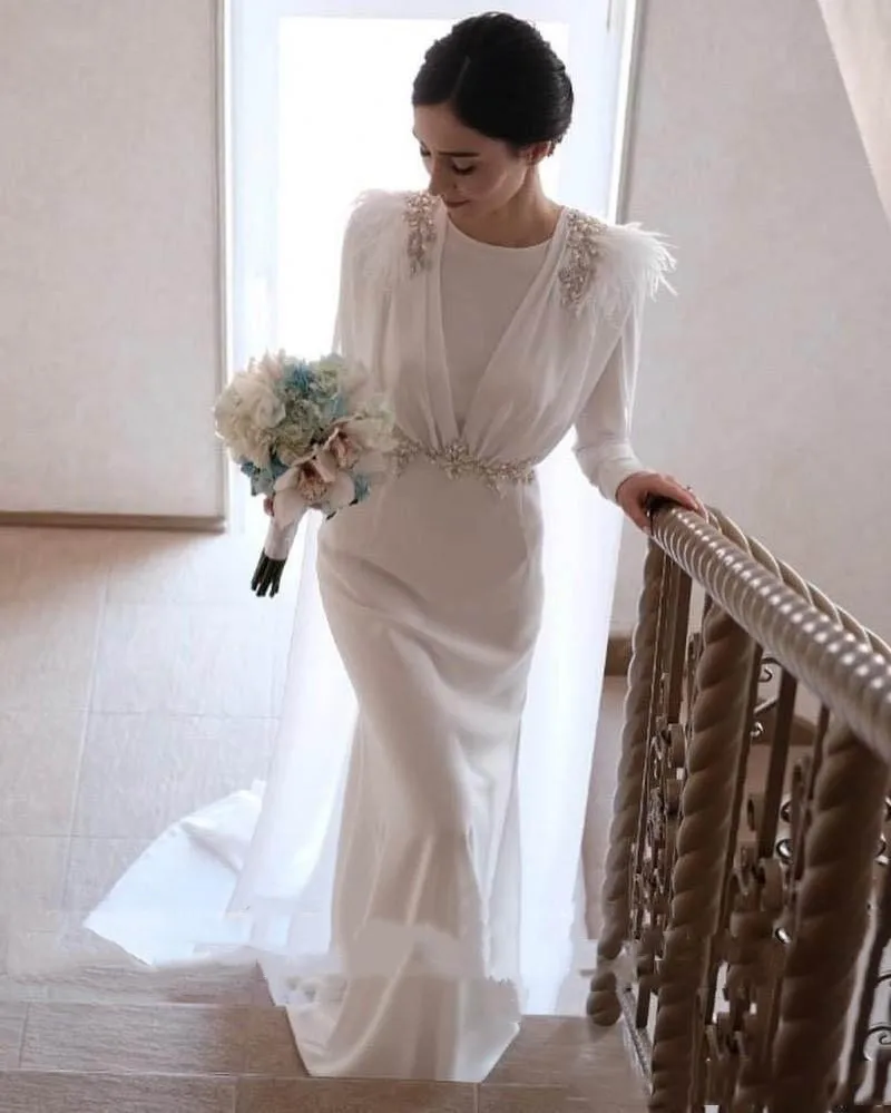 

Elegant Satin Wedding Dresses With Cloak Beaded Sashes Long Sleeves Buttons Princess Skirt Bridal Gown Vestidos De Noiva