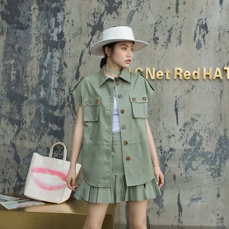 

Spring New Women Sheepskin Short Sleeve Jacket Pockets Safari Coat Casual Loose Fit Genuine Leather Jacket Motor Biker Outwear