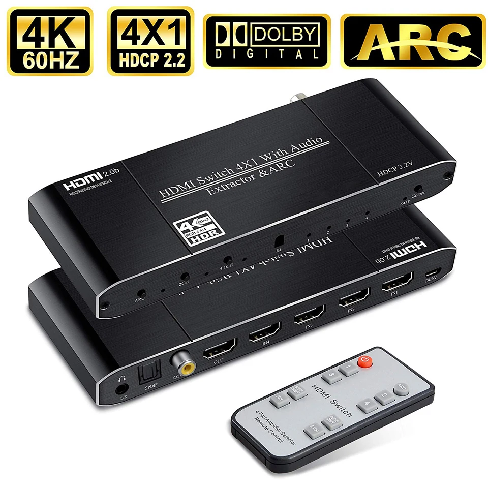 2020 Лучший 4K HDMI 2 0 переключатель с ARC и IR 4x1 дистанционного управления 60 Гц 2x1 аудио экстрактор для PS4 Apple TV HD
