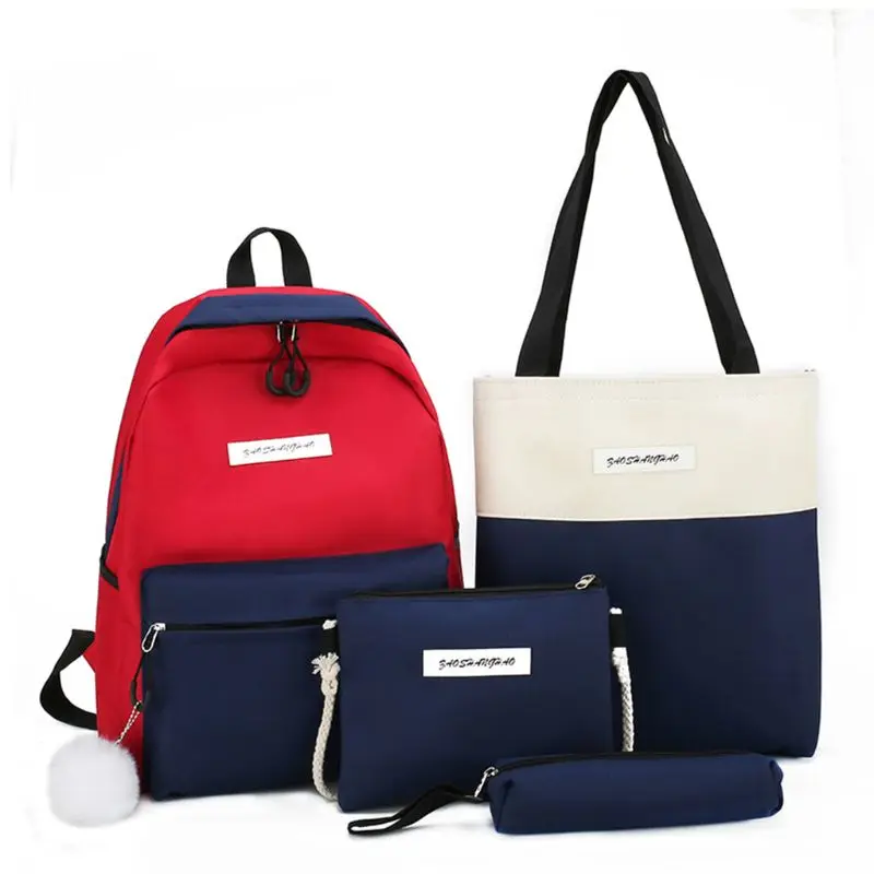 

4pcs Canvas Backpack Patchwork Daypacks School Shoulder Bags Bookbag Pencil Case Set for Student Teen Girls New 2021