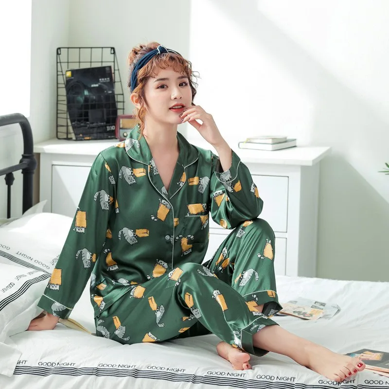 

Intimate Lingerie Spring Autumn New Lovers Sleep Set Print Flower Satin Novelty Homewear Sleepwear Couple 2PCS Pajamas Suit