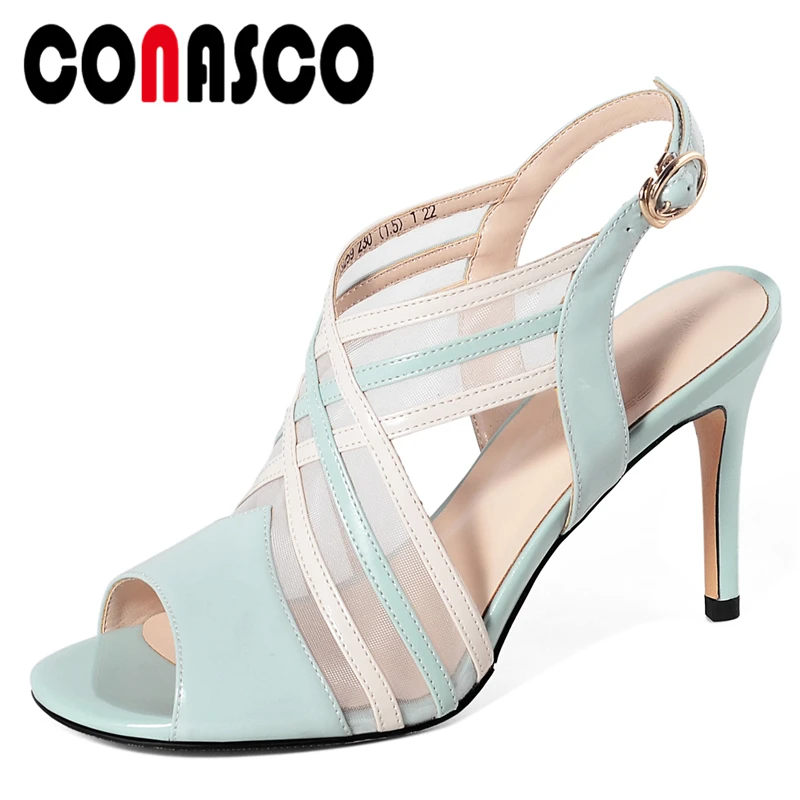 

CONASCO Genuine Leather Mesh Peep Toe Women Sandals Summer Wedding Party Pumps High Heels Fashion Elegant Cross-Tied Shoes Woman