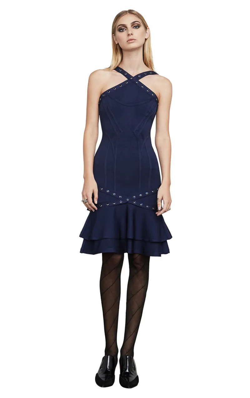 

Navy Blue Fashion Celebrity Cross Neck Cascaded Hem Bodycon Rayon Bandage Dress Women Party Dress Night