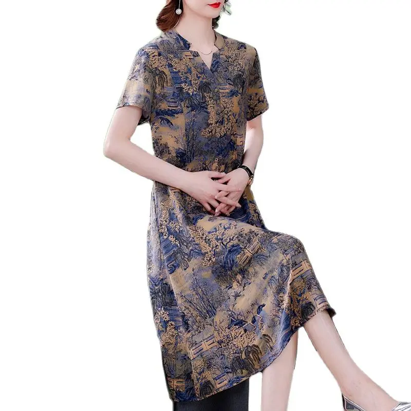 

2021 Summer New Fashion Print Short Sleeve Cheongsam Women's Dress Large Size L-5XL High Quality Fashion Elegant Party Vestidos