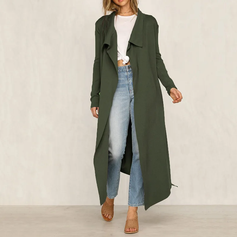 Женское длинное пальто с v образным вырезом однотонное на шнуровке открытым швом