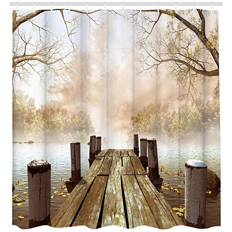 

Rustic Cloth Shower Curtain, Fall Foggy Trees Wooden Bridge Lake River Country Scene Bathroom Curtain, Nature Fabric Waterproof