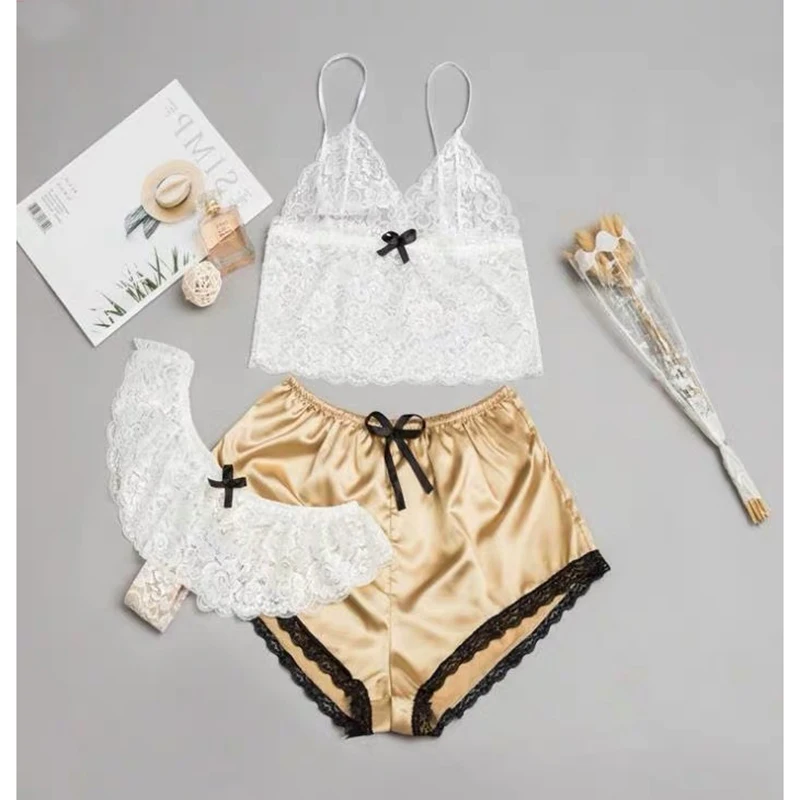 BZEL Sexy Lingerie Women's Pajamas Three Piece Set Female Summer Satin V-neck Cami Top and Short Homewear Big Size Sleepwear XXL | Женская