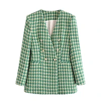 women 2021 fashion tweed double breasted blazer coat vintage long sleeve flap pockets female outerwear chic veste femme