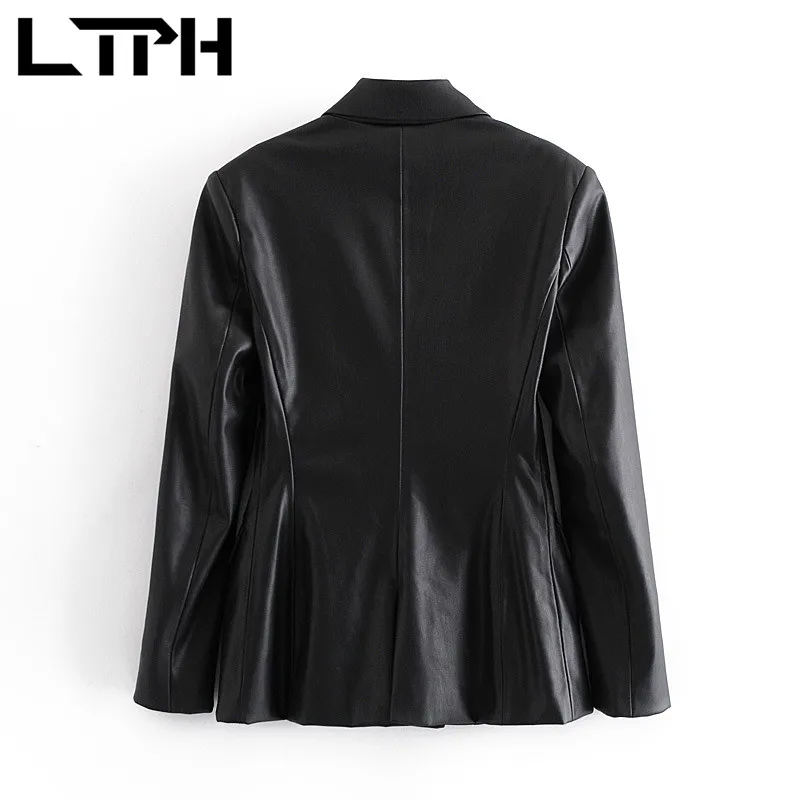 LTPH-Chaqueta informal de piel sintética con doble botonadura para mujer, blazer elegante y elegante para Primavera, color negro, 2021