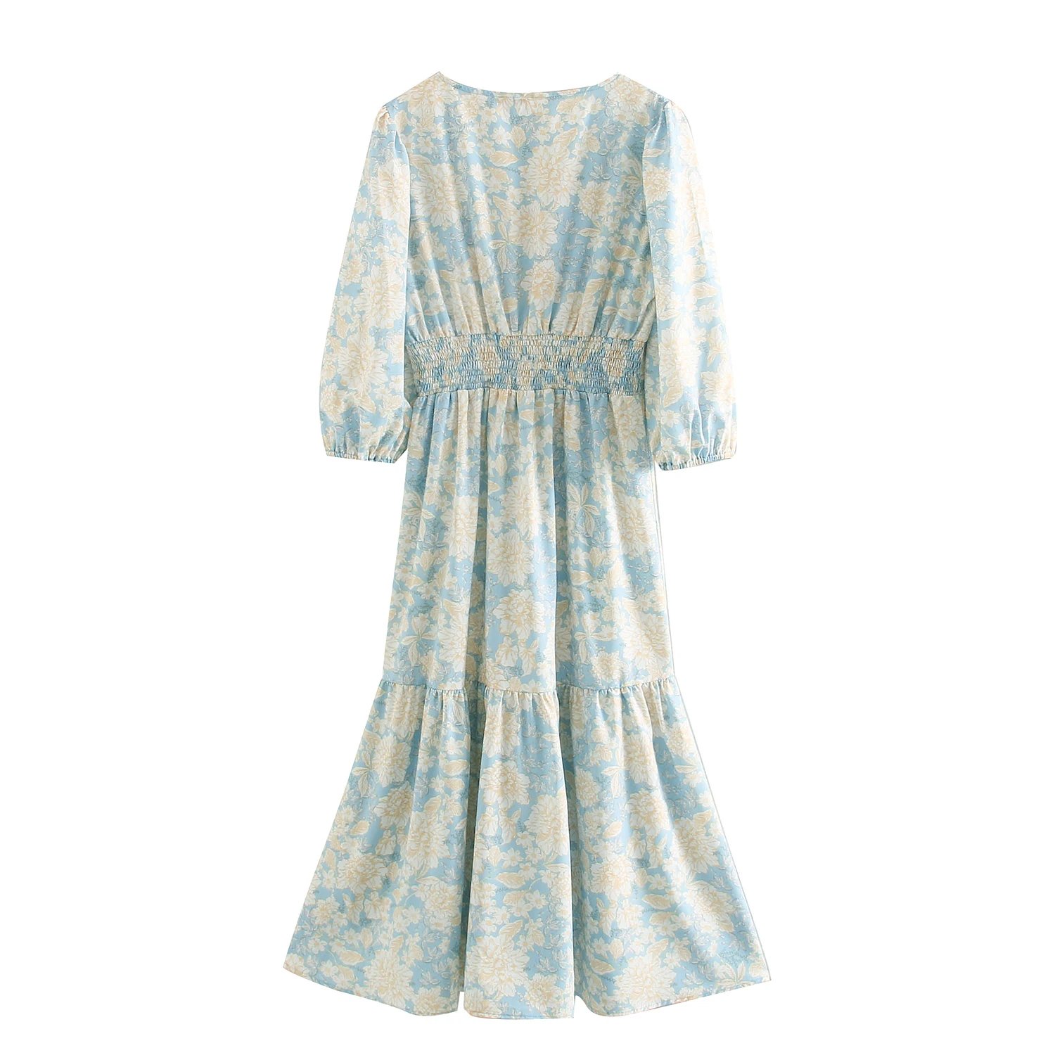 

Casual Women Dress Za 2021 Floral PrintVintage Cascading Ruffles Dress V neck Loose Dresses High Waist