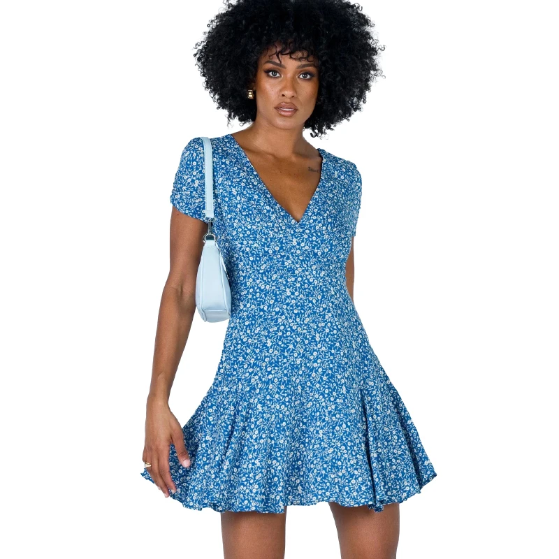 

Flower Sky Blue Dresses Summer Women Short Sleeve Spring Clothes for Female Bohemian Dresses Sexy Beachwear Vintage Sundress