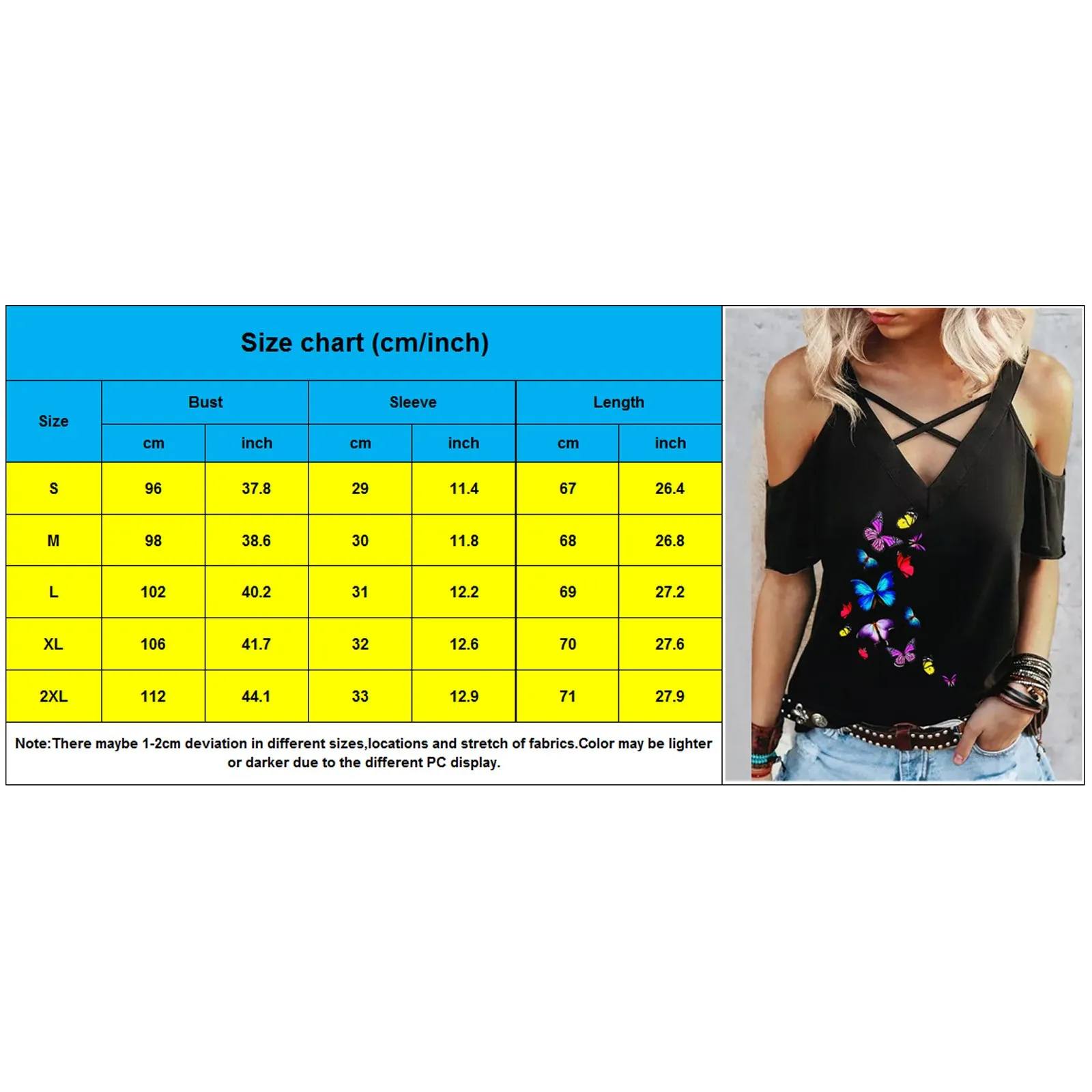 

Fashion T Shirt Women Cold Shoulder Cross Bandage V Neck Butterfly Printed Tshirts Short Sleeve Tunic Summer Top Woman T-Shirt