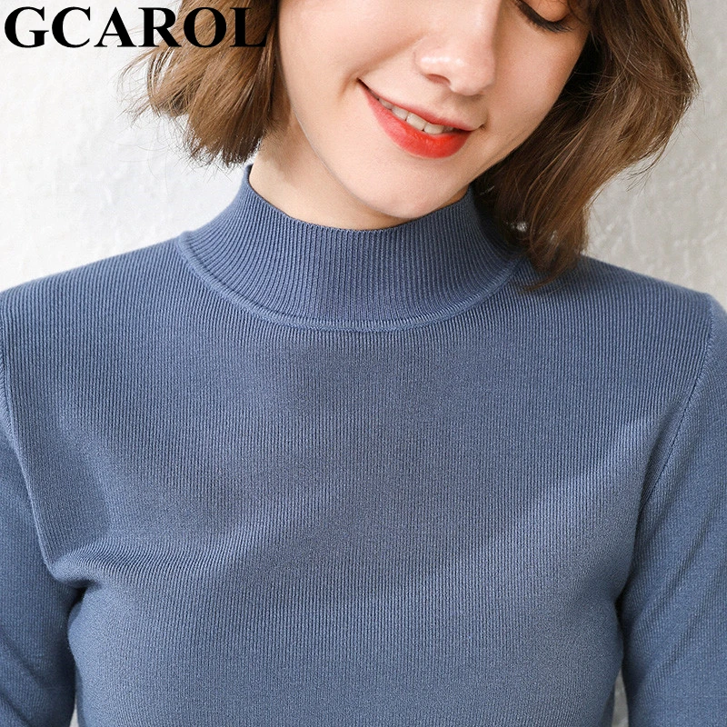 Blue Вязаный свитер GCAROL, облегающий трикотажный джемпер с высоким воротником с содержанием шерсти 30%, яркий обтягивающий пуловер для осени и зимы - Цвет: Blue