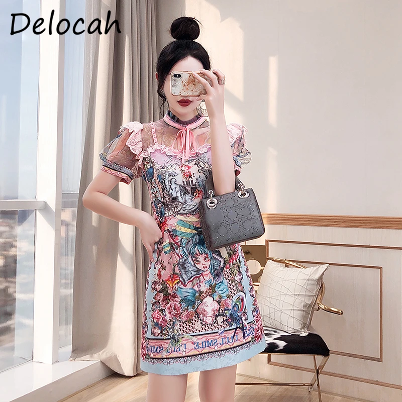 

Delocah Новинка 2021 летнее женское модное дизайнерское платье-карандаш с рукавами-фонариками и оборками, кружевное винтажное платье с принтом, ...