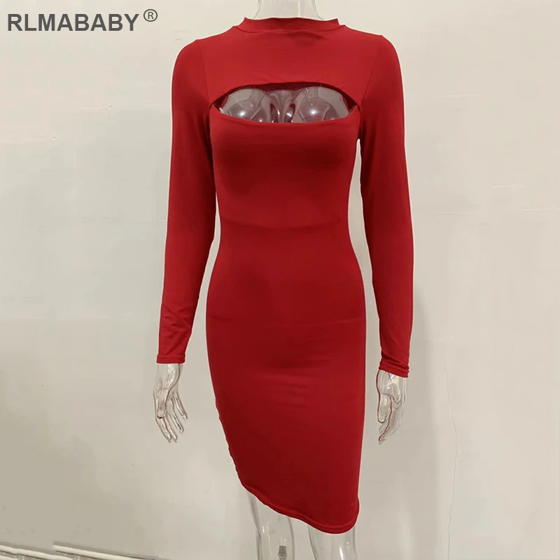 Red Dress Rlmaaby, осенне-зимнее Двухслойное облегающее женское платье, вечерние платья для ночного клуба, мини-платье, Открытая грудь, длинный рукав, женское сексуальное платье - Цвет: Red Dress