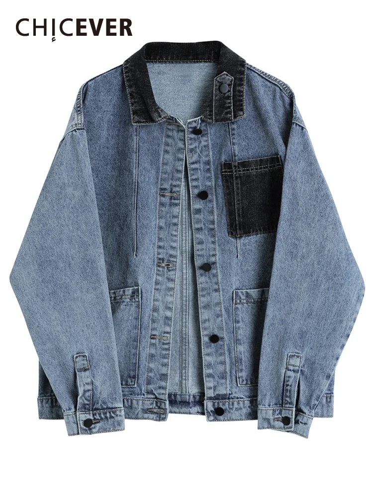 

CHICEVER Two Tone Dual Pocket Jacket For Women Lapel Long Sleeve Korean Fashion Patchwork Loose Denim Coat Female Autumn Stylish