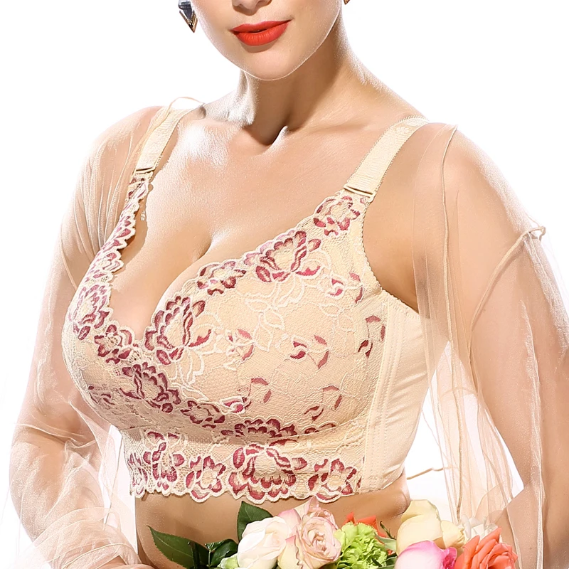 Women's Full Coverage Wire Free Non-Foam Plus Size Floral Lace Bra 34 36 38 40 42 44 46 B C D E F G H I J