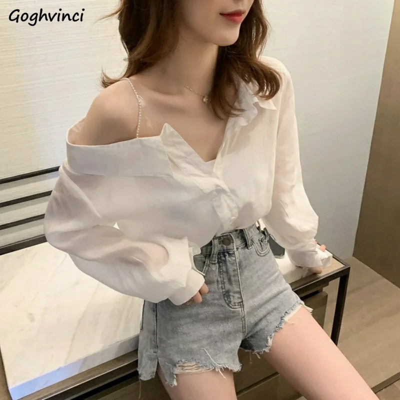 Shirts Women Solid Skew Collar Off Shoulder Stylish Sexy Lady Elegant Chic Daily Hot Sale Long Sleeve Loose Blusas Top New Mujer