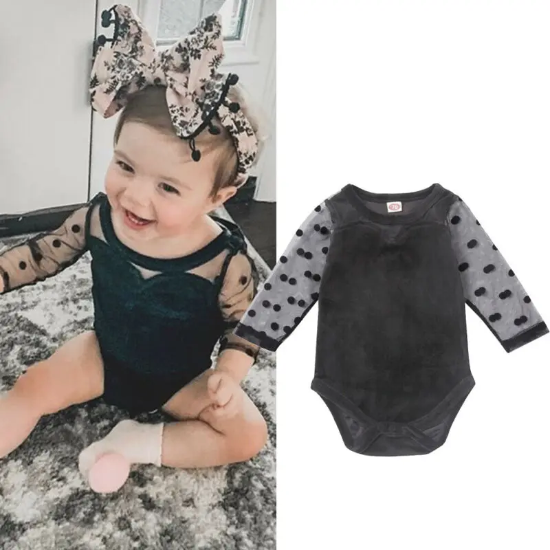 

PUDCOCO Infant Baby Girls Clothes Polka Dot Long Sleeve Lace Velvet Romper Bodysuit Overall Outfits 0-18M