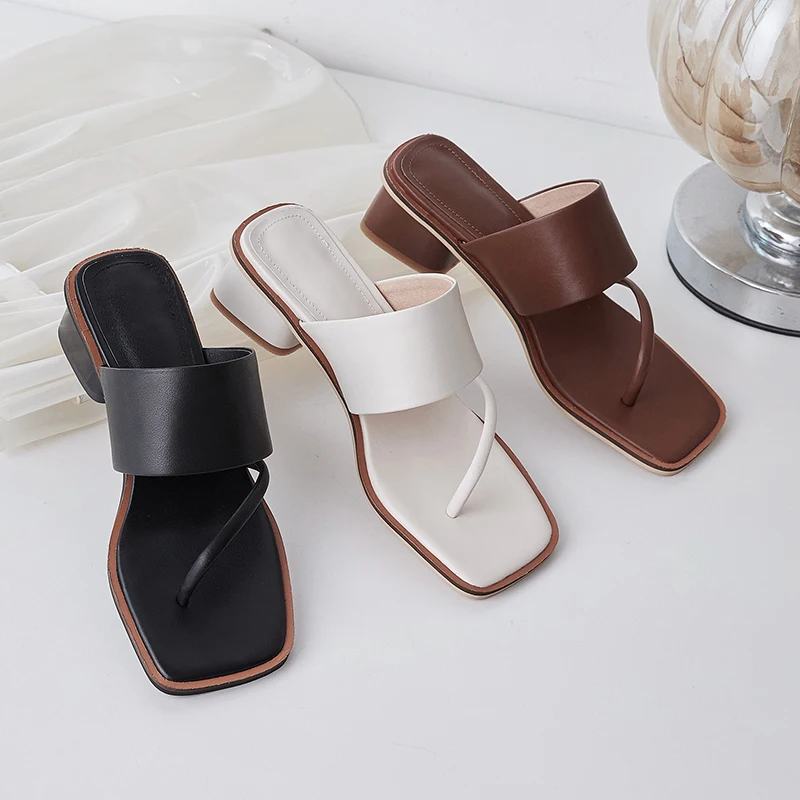 

Genuine Leather med square heels Women'S slippers Concise Shallow Thick Heels Pumps Summer Casual Office Lady Shoes Woman