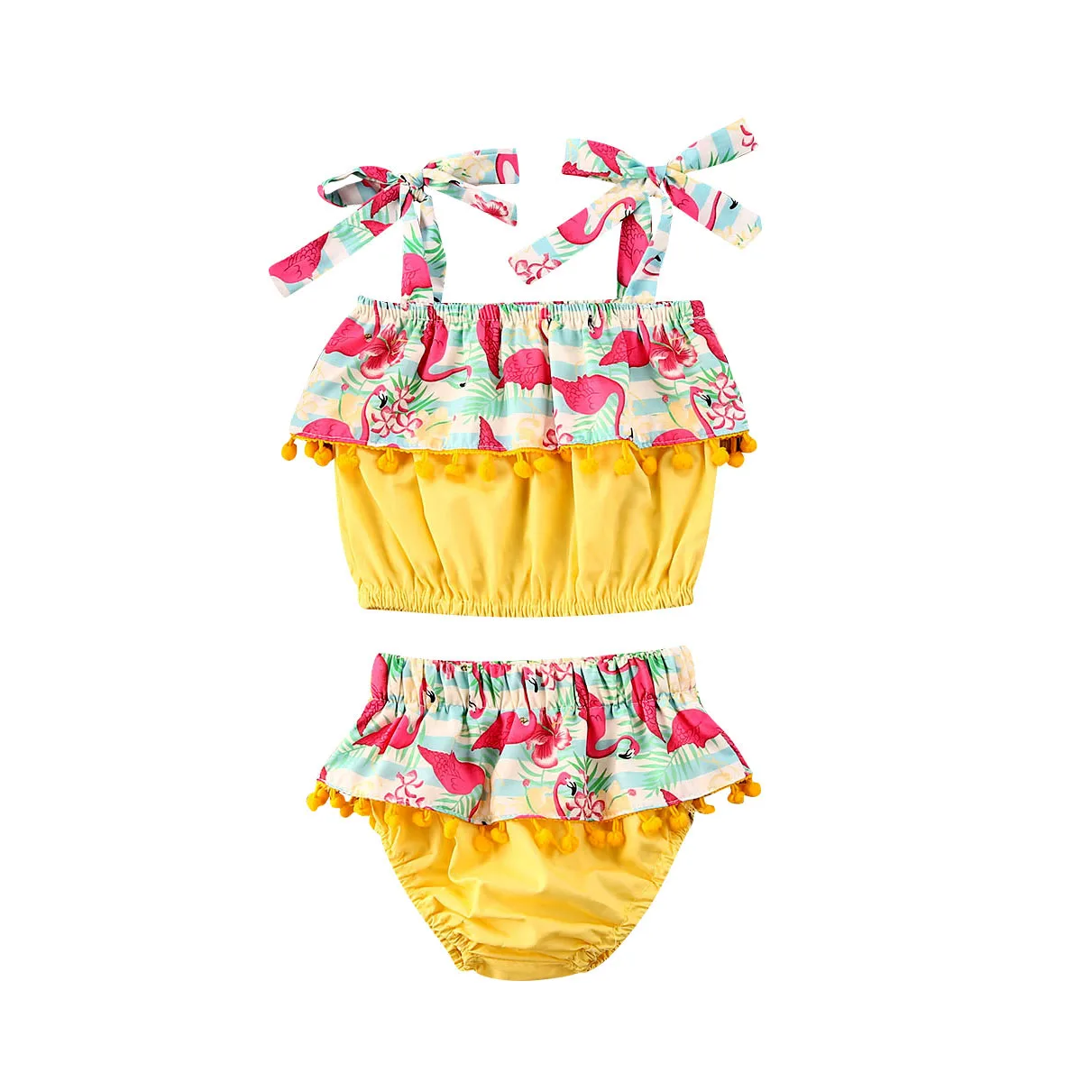 Летняя одежда для маленьких девочек 2 шт. модный кроп топ с помпонами и ремешками +