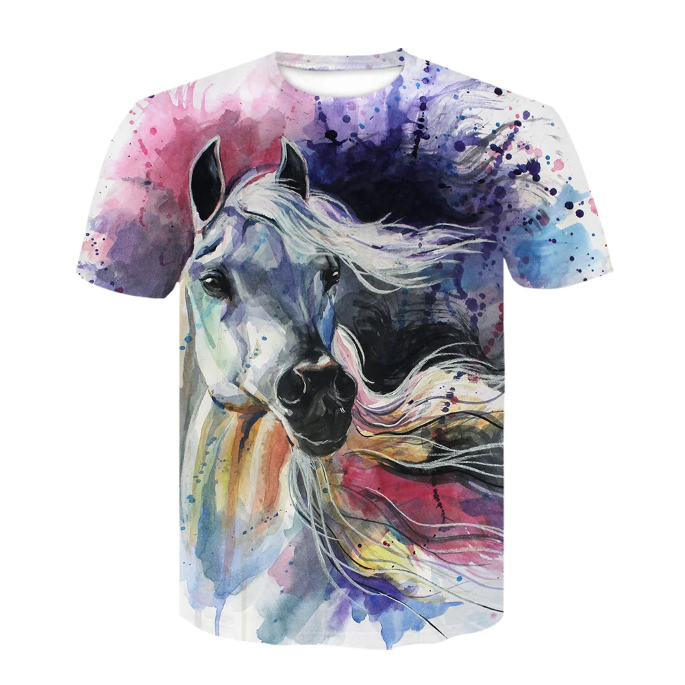

Summer New O-Neck Wearing A Flower Headband Horse T-Shirt 3D Fashion T Shirt Animal Clothes Men Women Large Size Tshirt Dropship