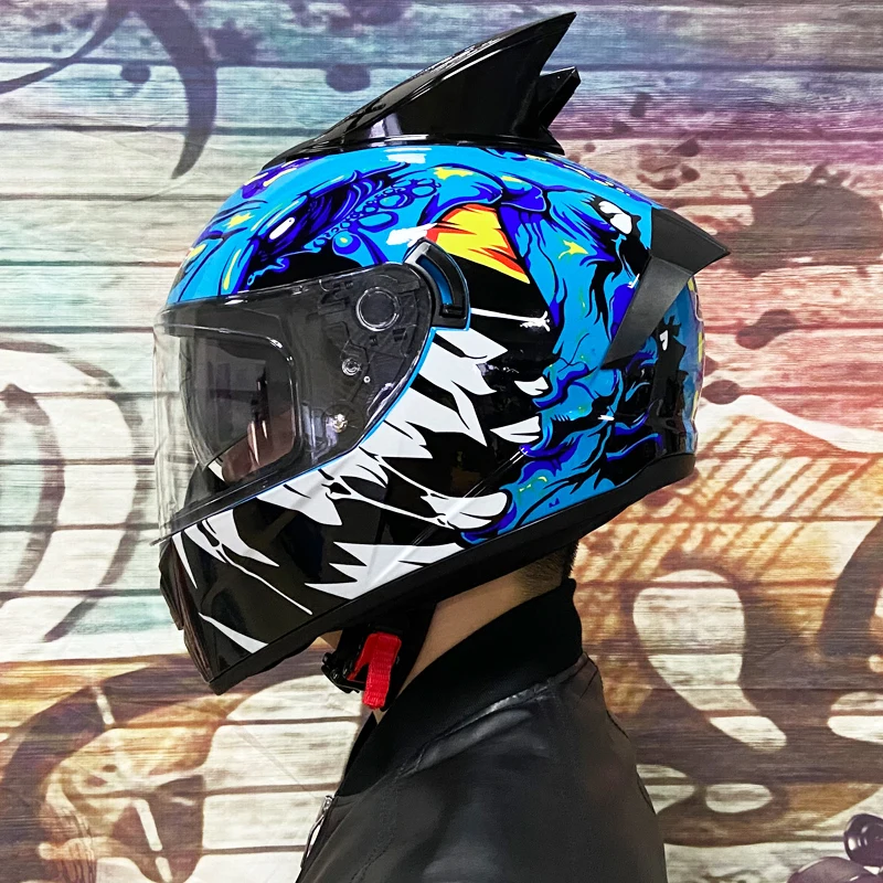 

Motorcycle Racing Double Lens Locomotive Anticollision Cascos Full Face Off-road Helmet Blue Visor Magic Pattern With Corner