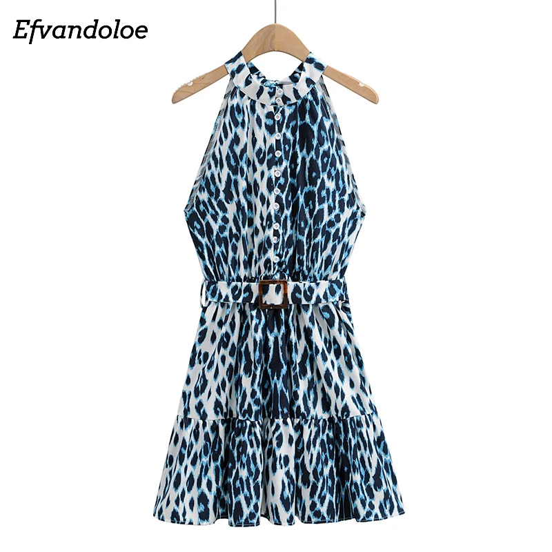 

Женское леопардовое платье без рукавов, облегающее платье-трапеция синего цвета на пуговицах с круглым вырезом и поясом, лето 2021