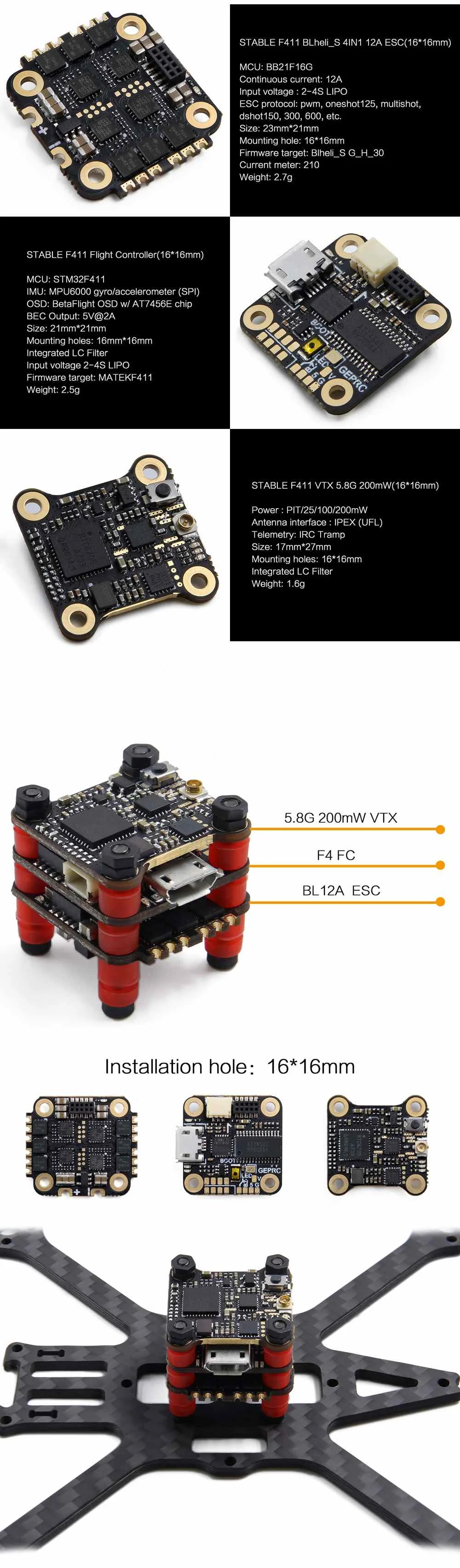 GEPRC стабильный F411 BetaFlight OSD Контроллер полета 12A Blheli_S 2-4S бесщеточный ESC 25/100/200mW VTX стек 16 мм* 16 мм