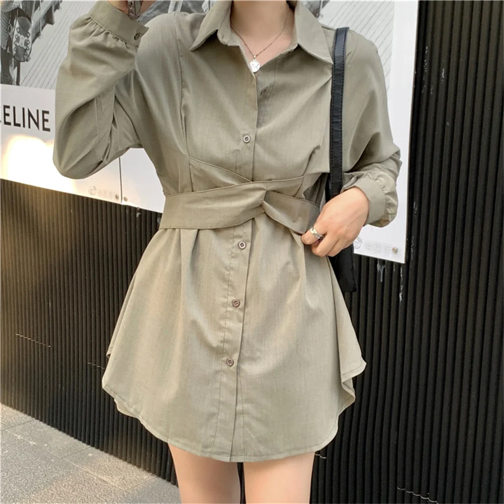 

Стильный женский комплект из двух предметов HziriP, элегантная повседневная облегающая Однотонная рубашка средней длины, осень 2021, свободные ...