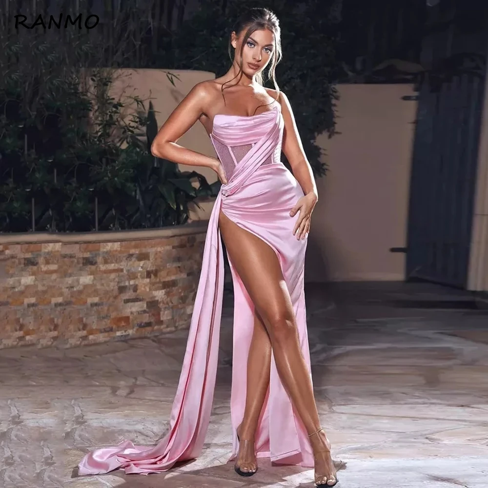 

Сексуальные вечерние платья без бретелек, длинные женские вечерние платья с разрезами по бокам и юбкой-годе розового цвета на заказ, 2021