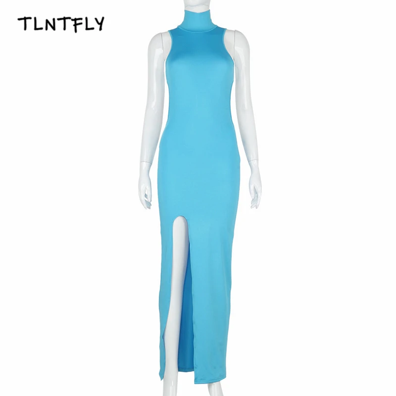

High Slit Backless Dress High Neck Sleeveless Sexy Fashionable Mid-Length Party Dresses For Women 2021 Night Club Outfits