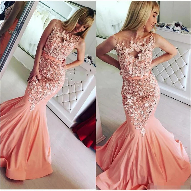 

2020 long formal mermaid prom dresses party wear robes de soirée evening gowns Illusion O-Neck Lace Appliques