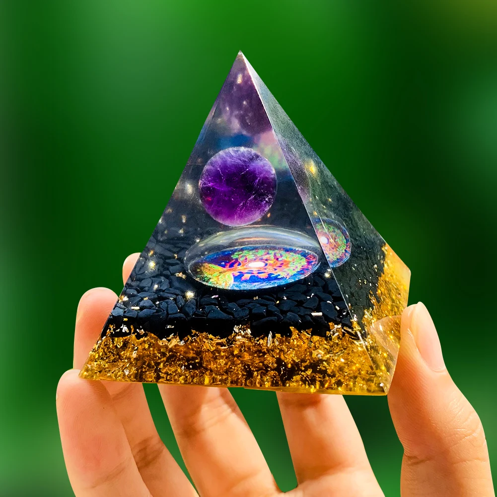 

60mm Orgonite Pyramid Amethyst Obsidian Healing Crystal Sphere Reiki Energy Orgone EMF Protection Yoga Meditation Tool Home Deco