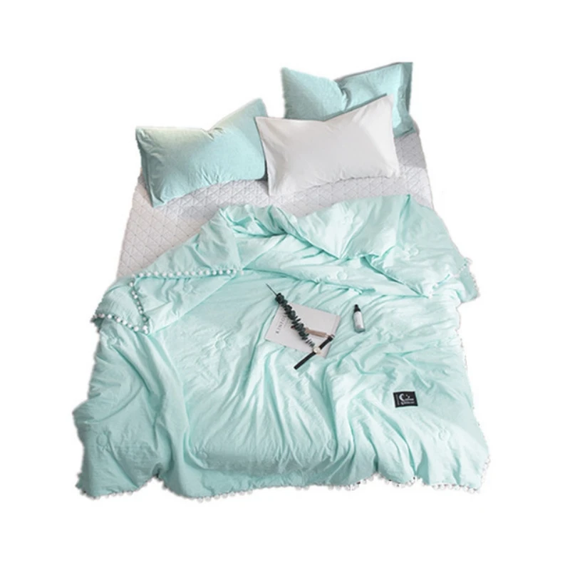 

Summer Gray Air Condition Quilts Duvet with Little White Pompons Bed Linens Washed Cotton Throw Blankets Solid Bedding